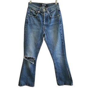 ADAPTATION High Rise Distressed Kick Flare Cropped Jeans Embroidered Leg Details